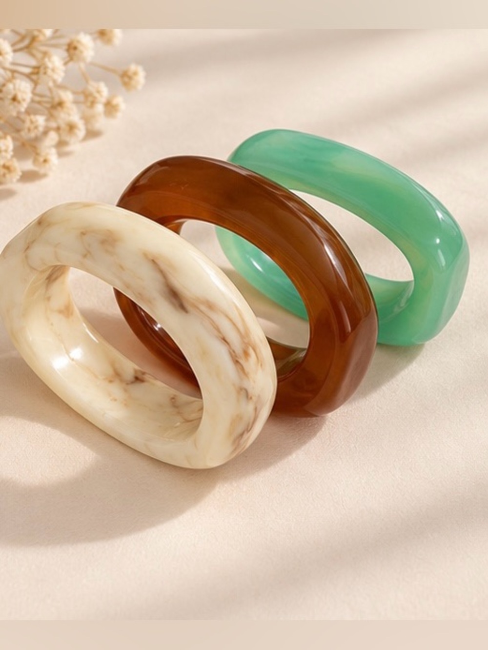 Set of 3 Chunky Resin Bangle Bracelets Brown Green Ivory Marbled